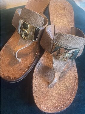 Tory Burch Leather Thong Sandals with Gold Tone Plate
